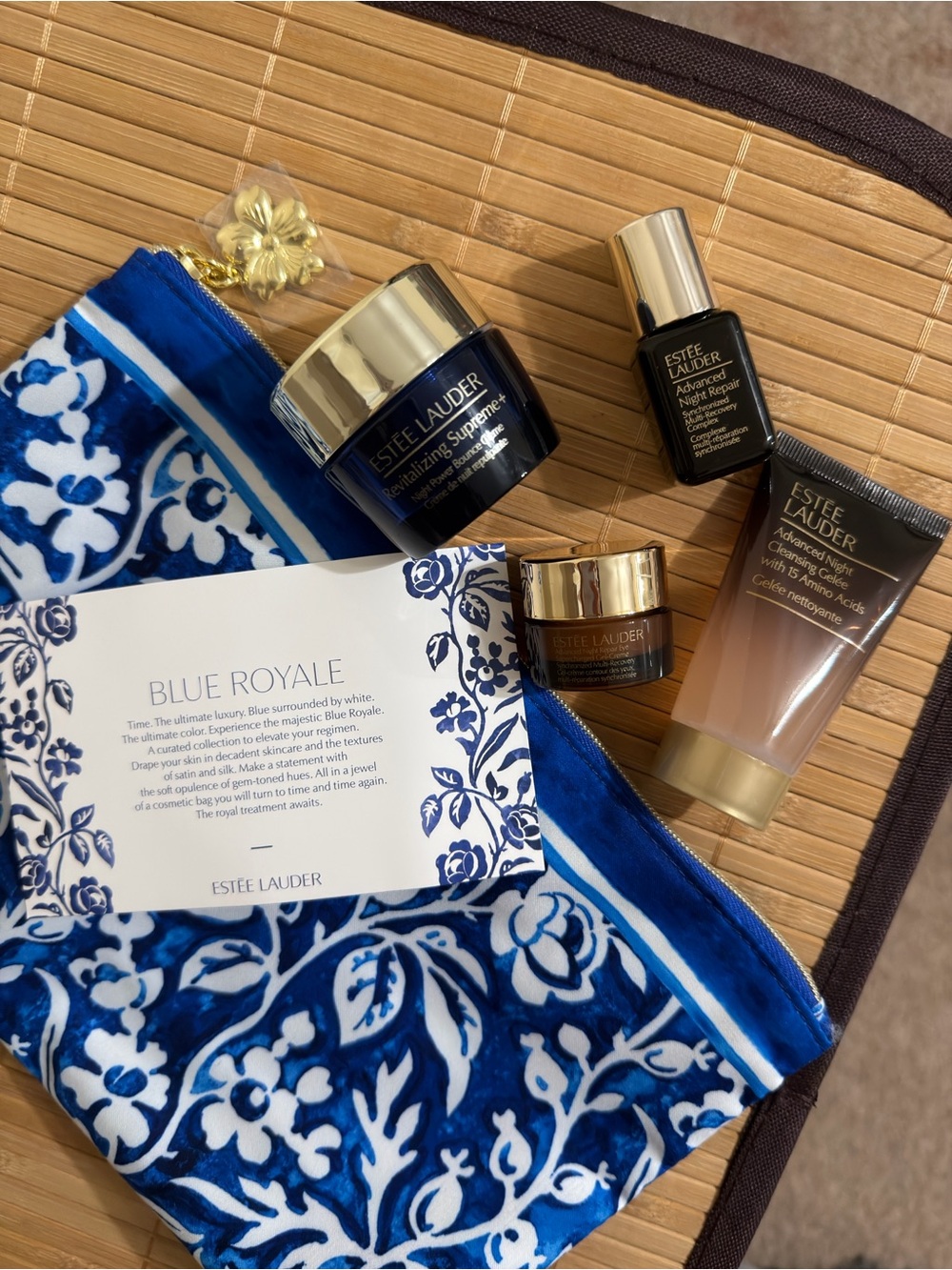 Estee louder skin care with royal blue pouch